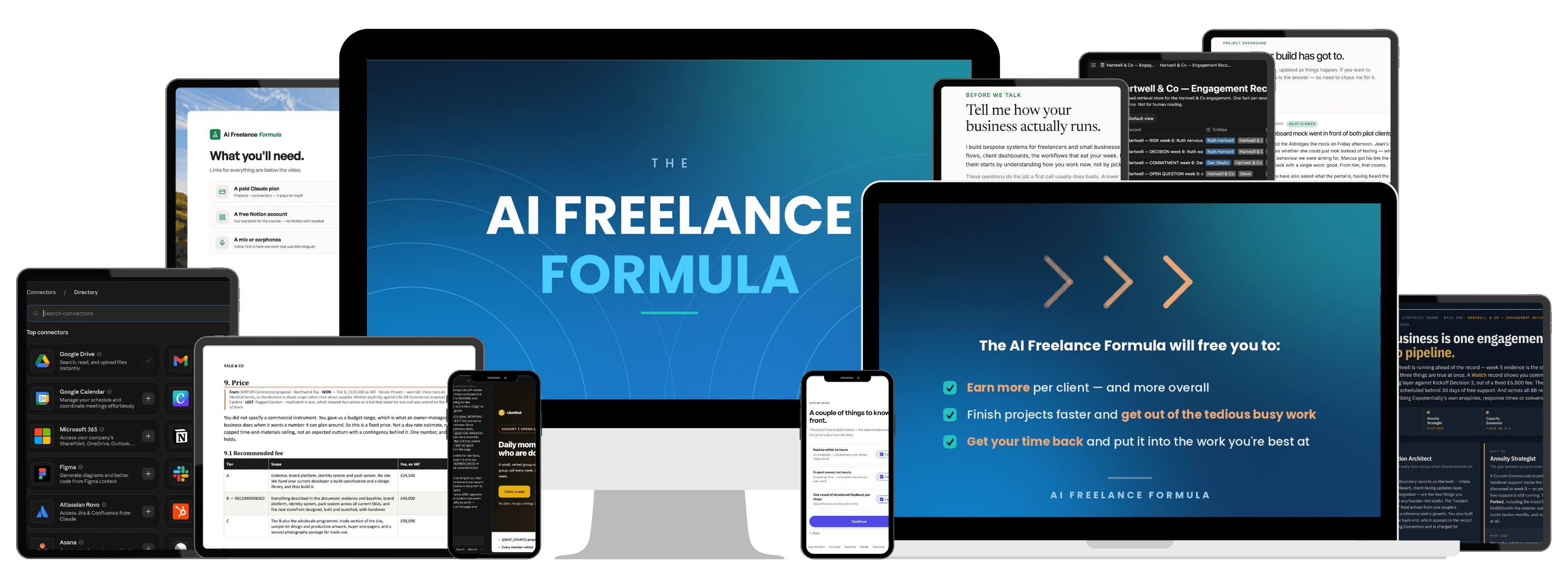 AI Freelance Formula course screens, client dashboards and business tools shown across a laptop, tablet and phone